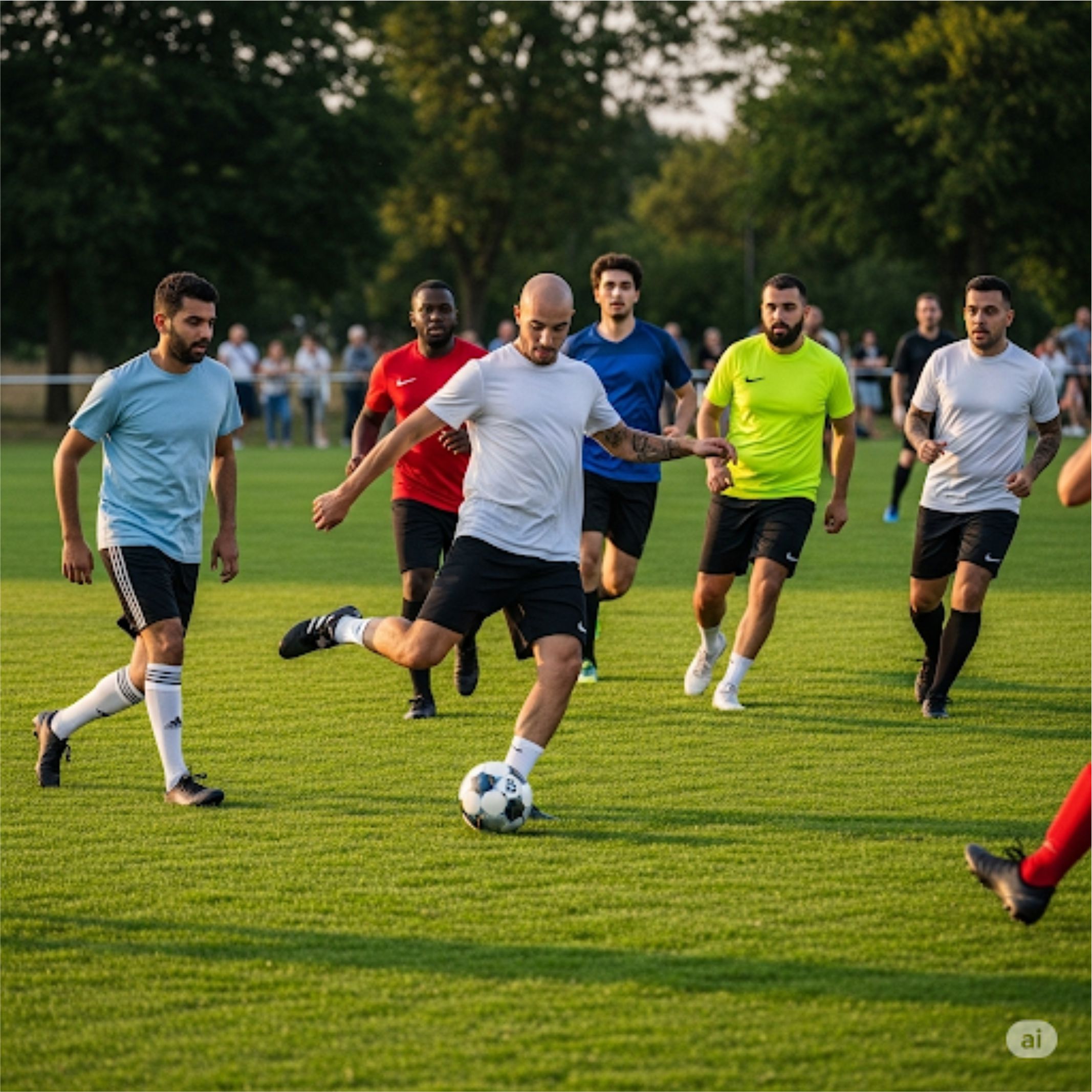 Jugadores disfrutando un partido de fútbol amateur